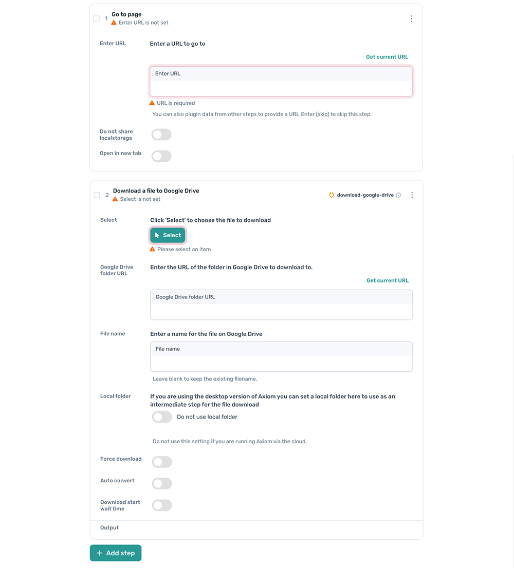 axiom.ai making download file to google drive bot